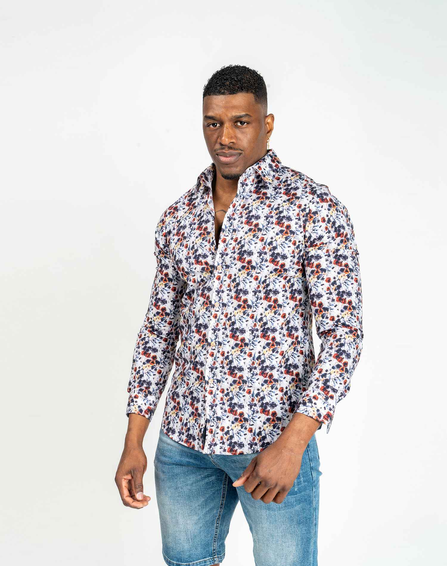 Camisa manga larga de flores para hombreCamisas manga largaBlancoS